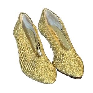 Vintage Gold Crochet Metallic Gold Woven Mesh Gold  Slip On Pumps Heels 7.5